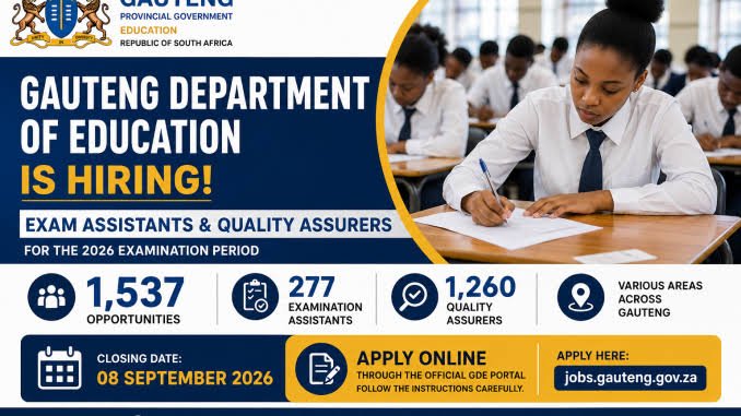 The Gauteng Department of Education (GDE) has opened applications for 1,537 temporary examination-related opportunities for the 2026 examination period. The vacancies consist of 277 Examination Assistant positions and 1,260 Quality Assurer positions available across various districts, examination offices and marking centres in Gauteng.